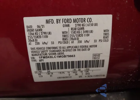 2021 Ford Explorer King Ranch z USA, uszkodzony, nr VIN 1FM5K8LC1MGB79663